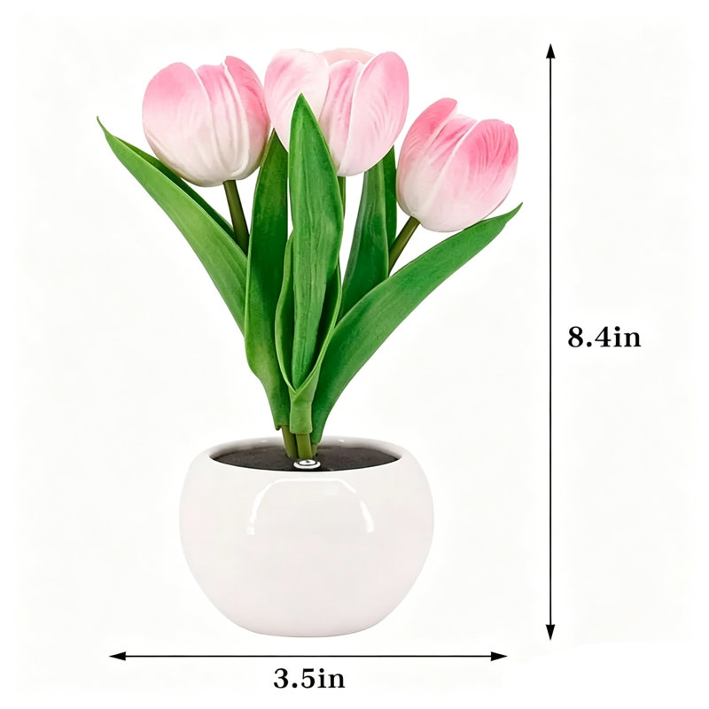 Lampe de tulipe à DEL, réplique de lampe de table à fleurs avec vase (usb-powe) - Pour la maison / le salon / le décor de bureau, appui long sur la luminosité réglable (effet respirant)
