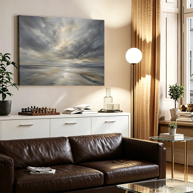 Serene Neutral Tone Coastal Sky Gallery Wrapped Canvas Print with Grey Clouds and Calm Shoreline Ready to Hang, 20x30in
