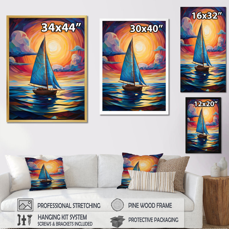 Voilier abstrait Rohando - reproduction sur toile, Cadre flottant blanc, H 32 po x l 16 po x P 1 po