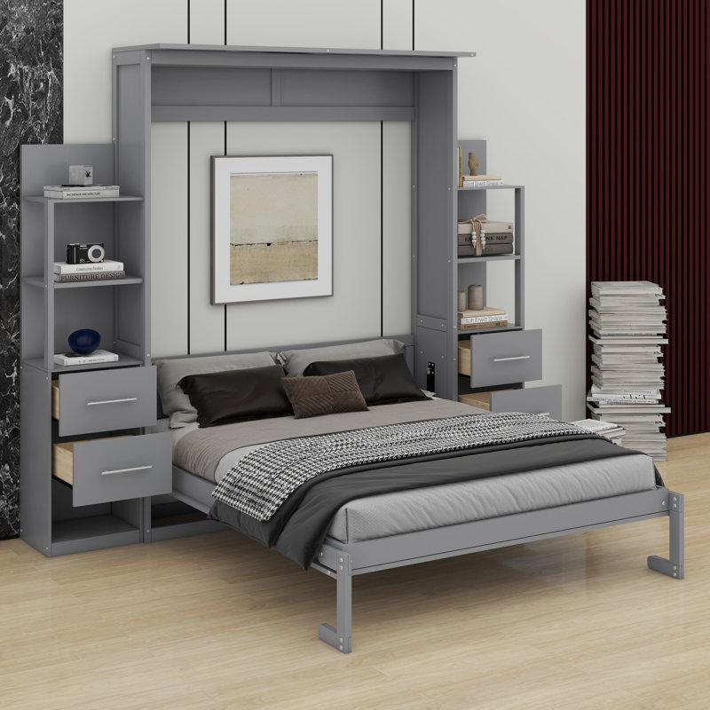 Lit escamotable double avec tablettes, tiroirs et DEL, Lit double, Gris