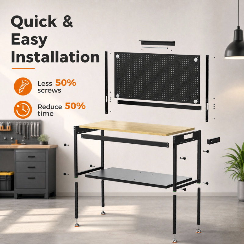 48"multifunctional Heavy Duty Workbench For Garage With Pegboard,2000lbs Load,adjustable Height,led Light, 48"(1PCS 48")