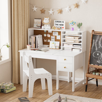 Kids Study Desk And Chair Set With Hutch,children Multi Functional Wooden Computer Workstation With Tiltable Desktop,student Writing Desk With Storage And Shelves For Boys Girls Home