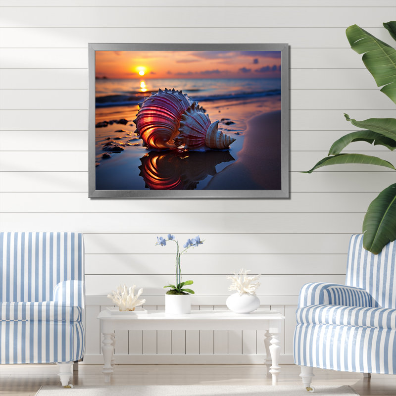 Coucher de soleil sur le rivage, Trésors V - art mural plage, Cadre de coin argenté fermé, H 30 po x l 40 po x P 1,5 po