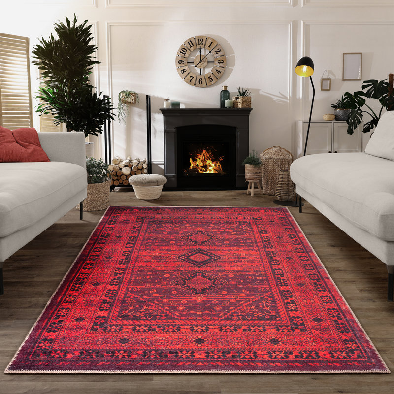  Washable Non-Slip Rug - Red Traditional Bordered Runner for Entryway, Hallway, Bathroom, and Kitchen, Rectangle 8' x 10'