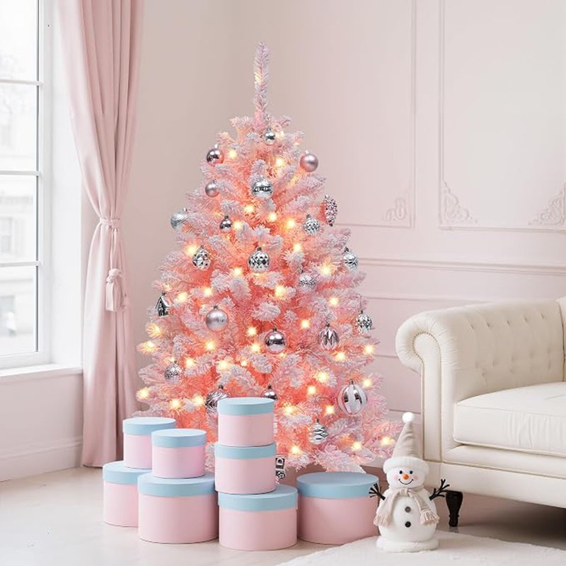 Arbre de Noël rose 6 pi avec lumières blanches chaudes