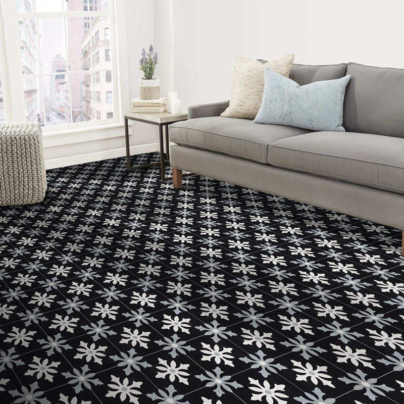 Azrou 8" x 8" Cement Patterned Wall & Floor Tile, Black/Gray