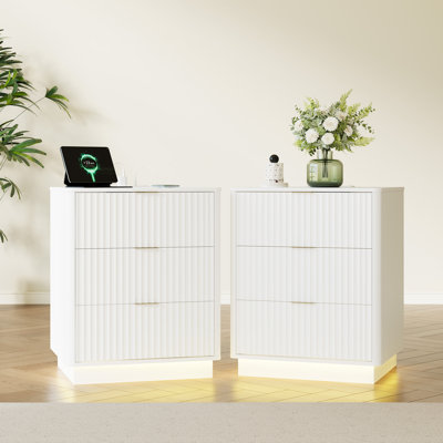 Fluted Nightstand Set of 2, Wooden Bedside End Table with Charging Station (2 Outlets, 1 USB, 1 Type-C), 7-Color LED Light, 3 Drawers, Modern Mid-Century Design, White, 20"W x 15.7"D x 24"H