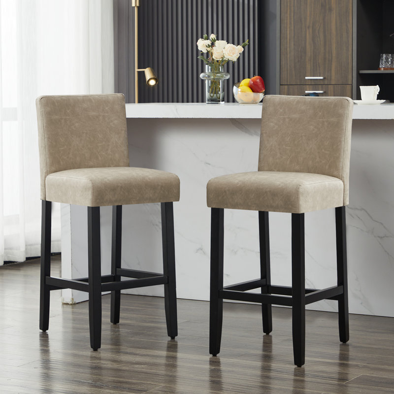 Tabouret de bar rembourré avec structure en bois massif, Beige / similicuir, 3