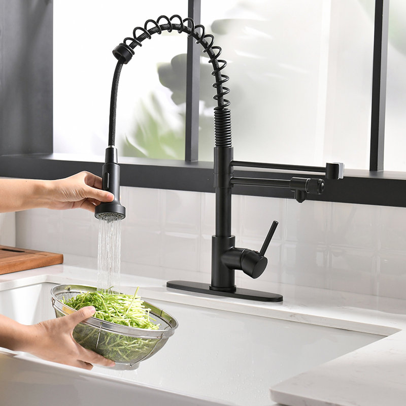 Matte Black Pull Down Water Filter Kitchen Sink Faucet With Roll Up Dish Drying Rack, 3 Way Drinking Faucet, Single Handle Dual Function Spray Head, Contemporary Style Made Of Solid Brass 44 Head And