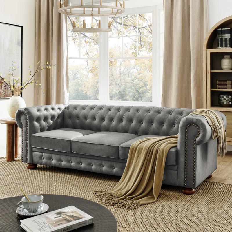 Chesterfield Sofa Tufted  Upholstered PU 3-Seater Sofa Scrolled Arms With Nailhead Decoration