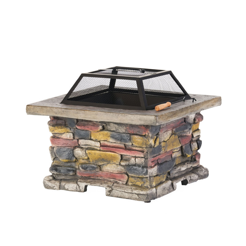 28" Concrete Wood Burning Outdoor Fire Pit Table with Lid, Stone Gray