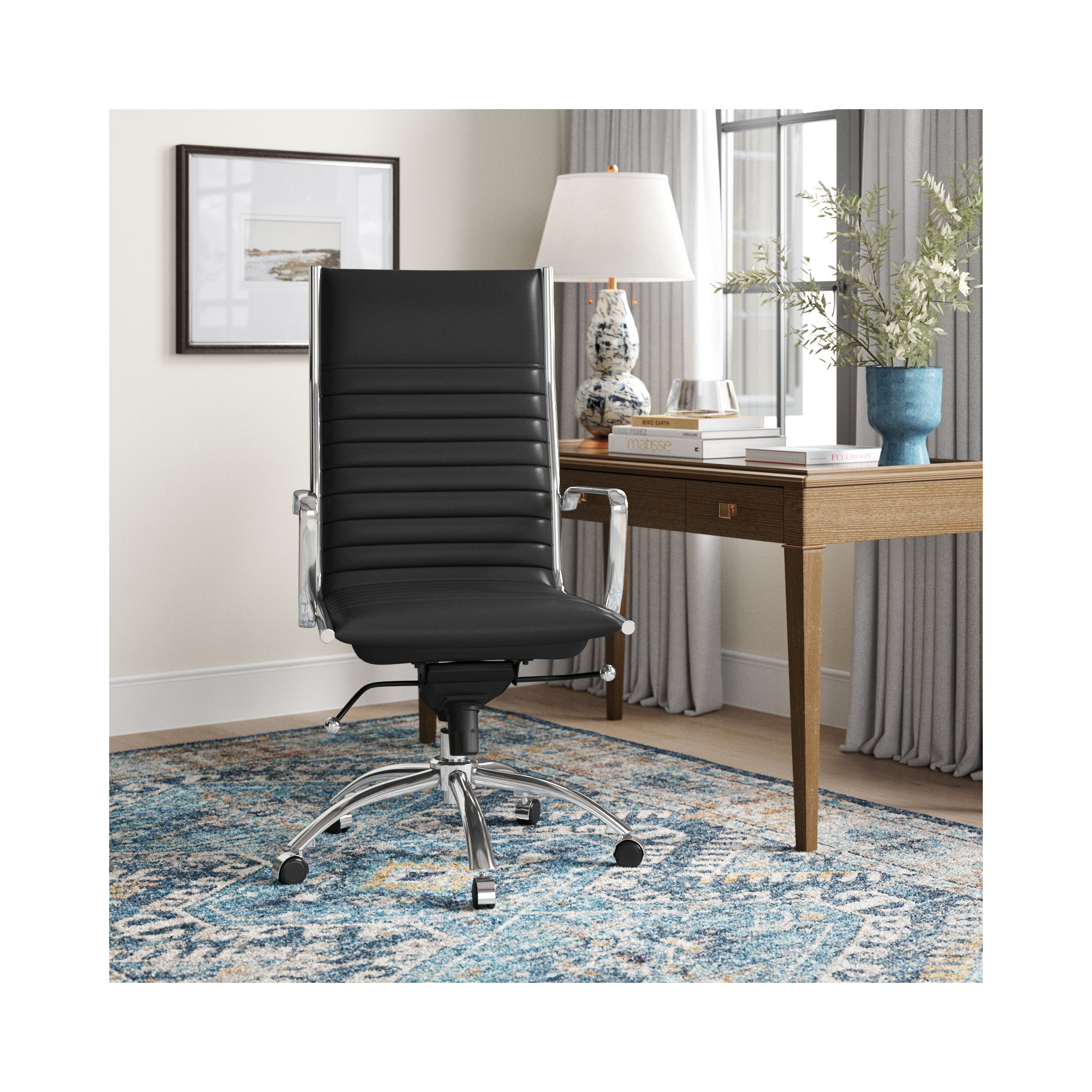 Naida Swivel Office Chair, Black Faux Leather, Chrome
