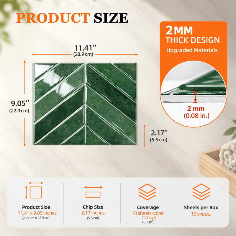 Chevron 9.06 in. W x 11.42 in. L Peel and Stick Mosaic Tile, Vert forêt