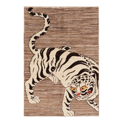 Rug & Kilim's Contemporary Tiger Pictorial Rug In Beige-Brown And Black Tones
