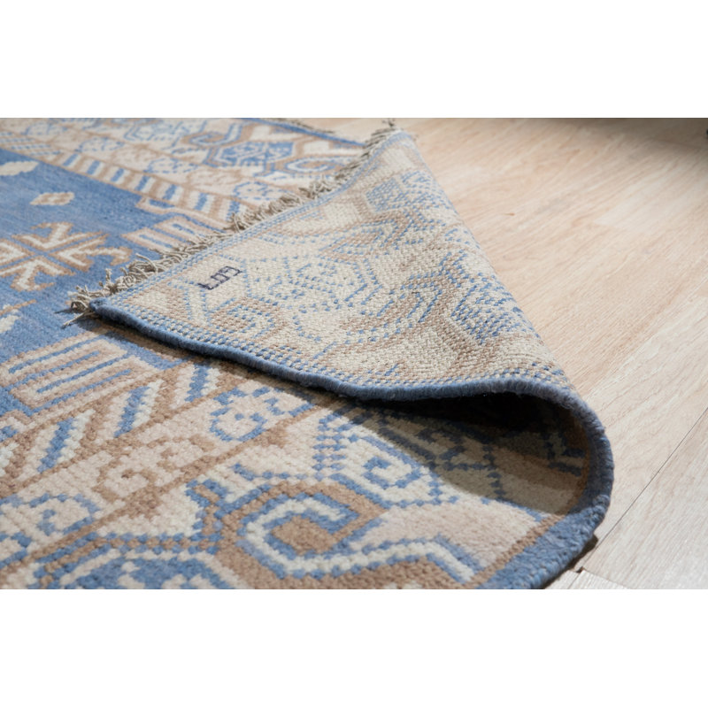 Tapis oriental bleu en laine noué à la main traditionnel, Rectangle de 10 pi x 14 pi