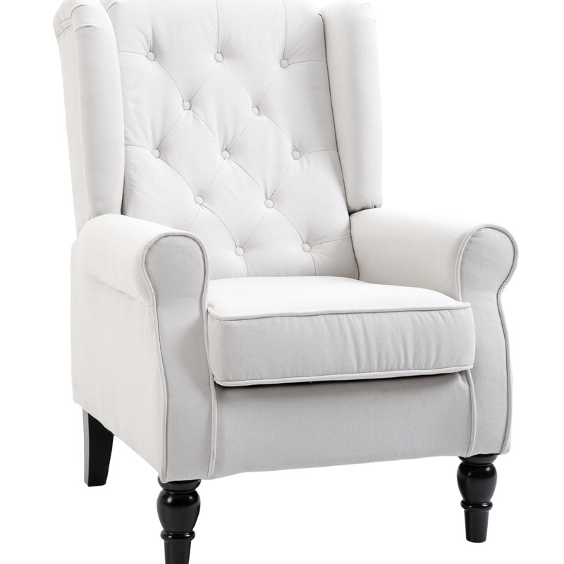 Fauteuil d'appoint blanc crème avec tissu respirant, pour une touche de fraîcheur. Fauteuil à boutons. Design élégant. Haut dossier à oreilles et assise rembourrée. Assise épaisse et rembourrée. Convient au salon, à la chambre et au bureau. Bois massif et eucalyptus.