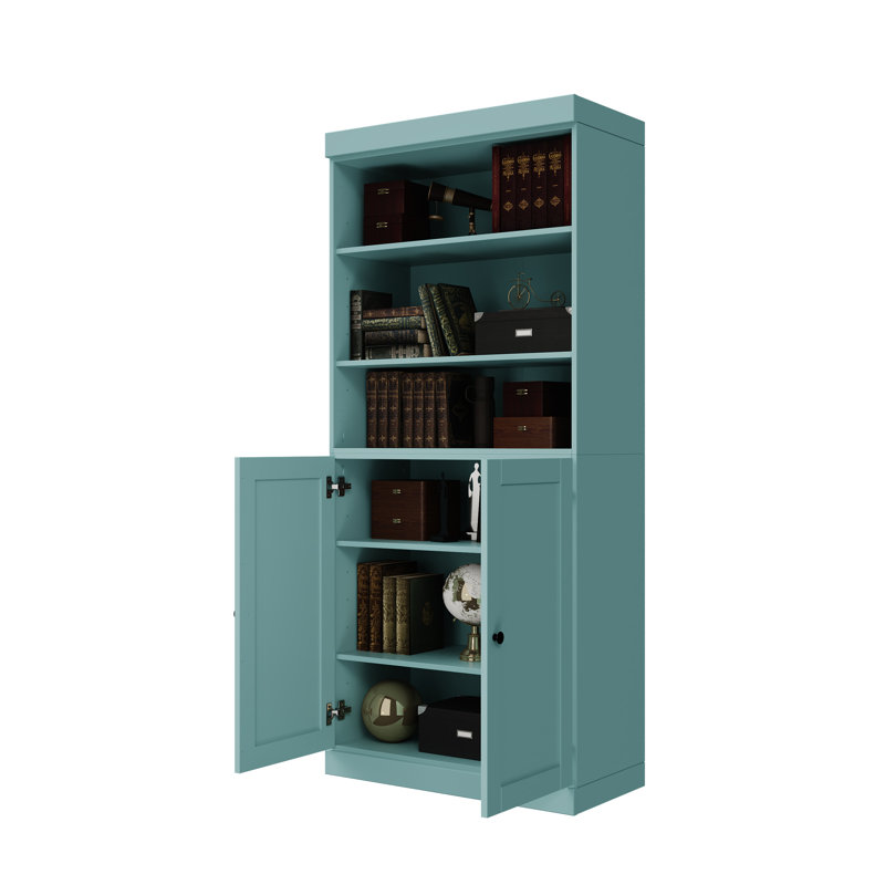 Palace Imports 100% Solid Wood 6-Shelf Bookcase, Shaker Doors, Adjustable Shelves, 32" Wide, 71.5" Tall, Aqua Blue