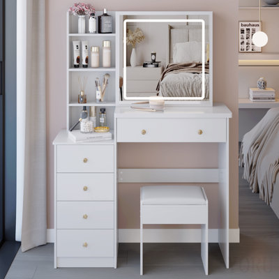 37" Left Bedside Cabinet Vanity Table + Cushioned Stool, 2 Ac+2 Usb Socket, Hair Dryer Stand, Large Touch Control Led Sliding Mirror, 3-Color Switch Makeup Dressing Set, Epa, Gcc, Ul Certificate