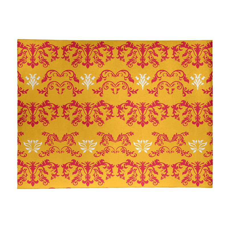 Tapis damassé jaune / rouge, Rectangle 9 pi x 12 pi