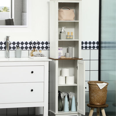 Colonne de rangement blanche et mince pour salle de bain, avec trois étagères ouvertes et une porte, armoire à linge autoportante avec tablette réglable pour articles de toilette, produits d'hygiène, porte pour papier toilette et produits de nettoyage