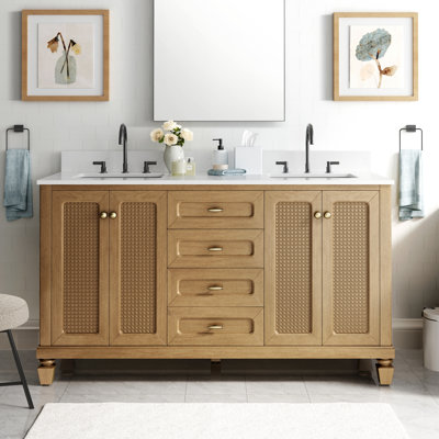 Meuble-lavabo double 60 po avec comptoir en marbre d'ingénierie, lavabo en céramique, dosseret
