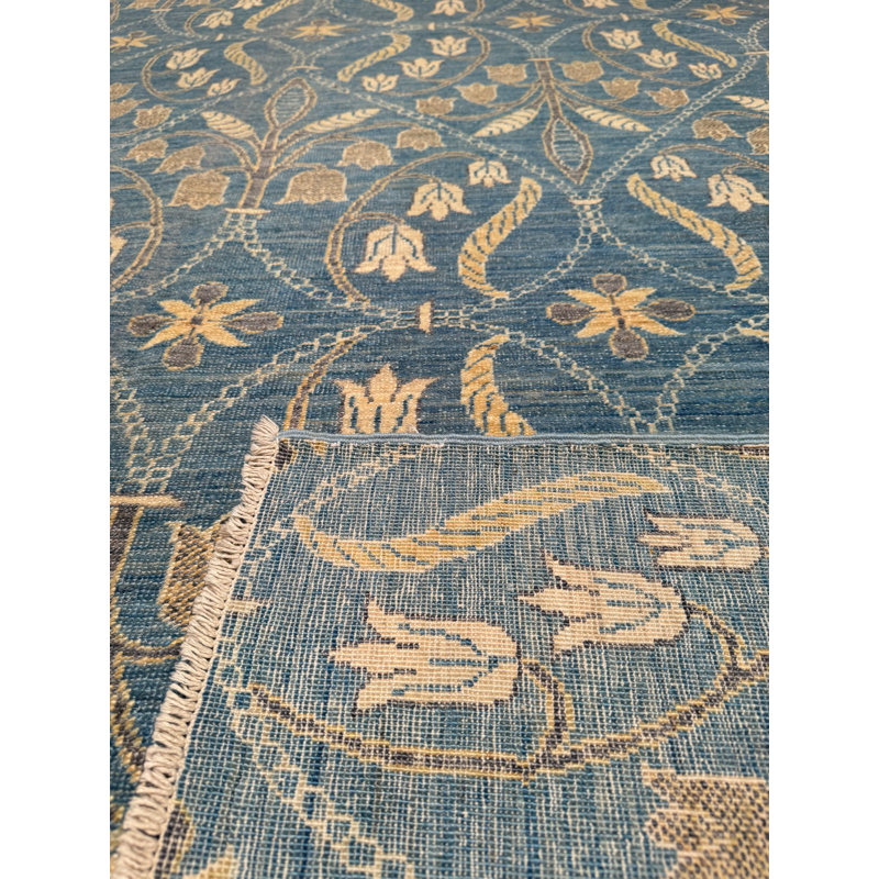 Tapis bleu original en laine et coton noué à la main