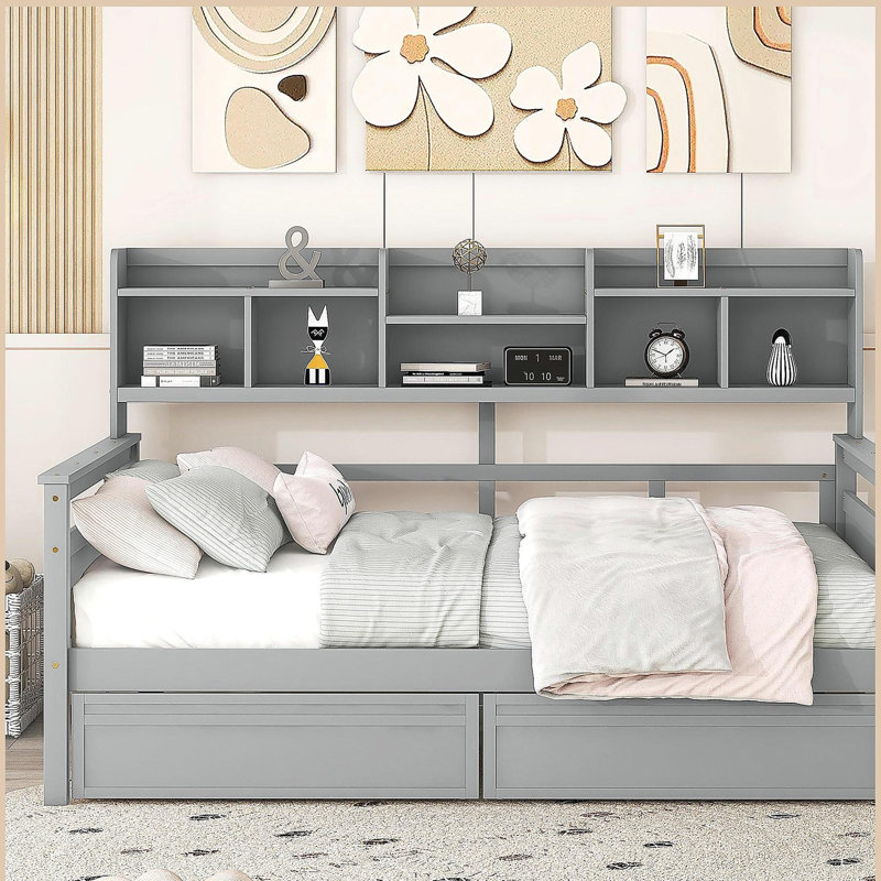 Lit de jour, structure de lit en bois, avec table de chevet et deux tiroirs, Gris, Lit simple