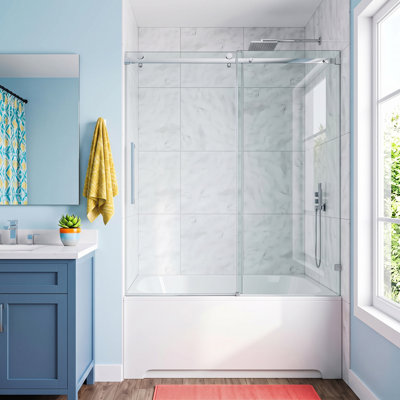 Porte de douche coulissante sans cadre 44'-49' L x 76' H en pellicule incassable avec verre trempé 3/8" (10 mm) et roulettes silencieuses