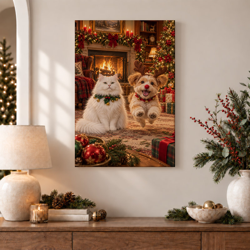 Art mural sur toile, chat blanc et renne sautant dans le salon, H 24 po x l 16 po