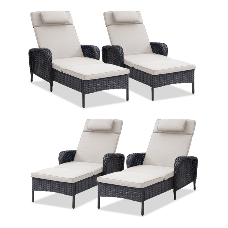 Chaise longue d'extérieur en osier avec coussins Dahlyla (ensemble de 4), Beige, Brun