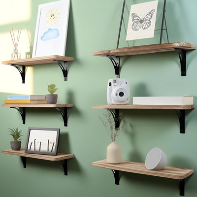 Farmhouse Wall Shelves With Reinforced Steel Brackets - Easy Installation With Template And Video - Rustic Wood Shelving For Kitchen, Bathroom, Living Room - 6 Pack