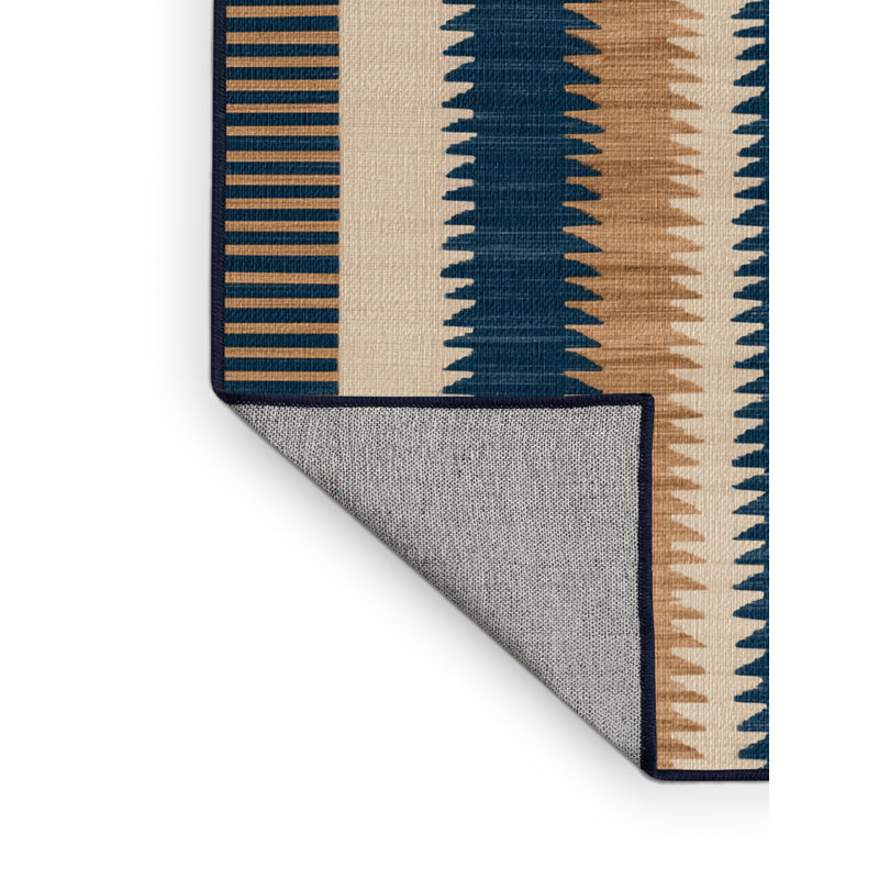 Washable Maritime Blue Ivory Striped Area Rug, Round 5'