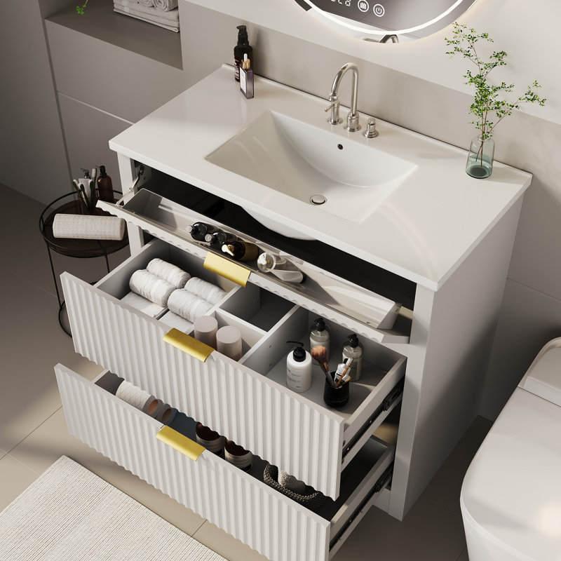 Fluted Bathroom Vanity with Sink, Farmhouse Freestanding Bathroom Sink Cabinet, 36", White