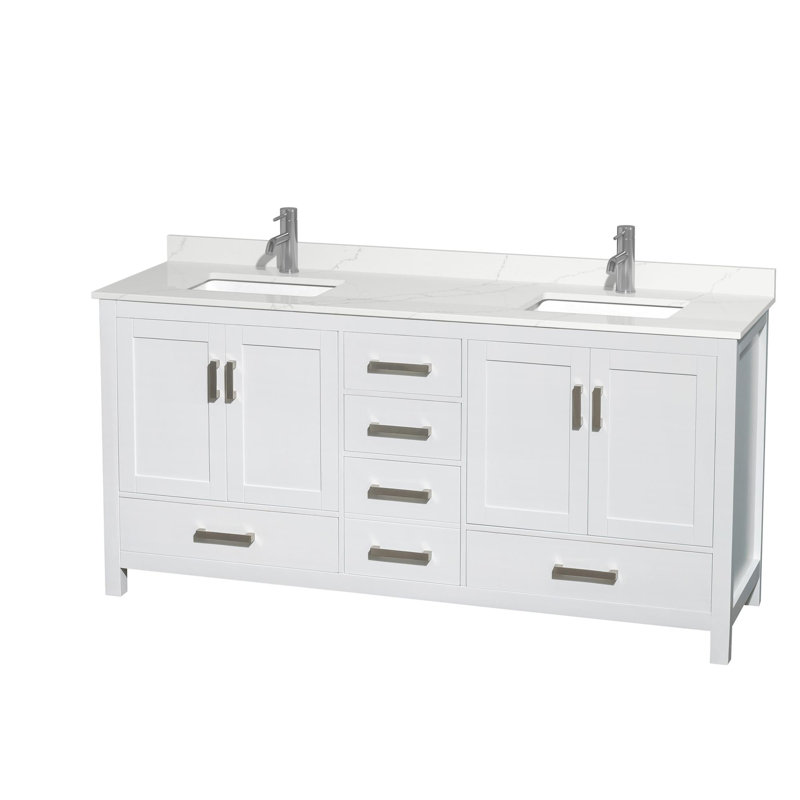 Meuble-lavabo double autoportant 72 po avec plateau en quartz Sheffield, Blanc, Chrome, Quartz Giotto