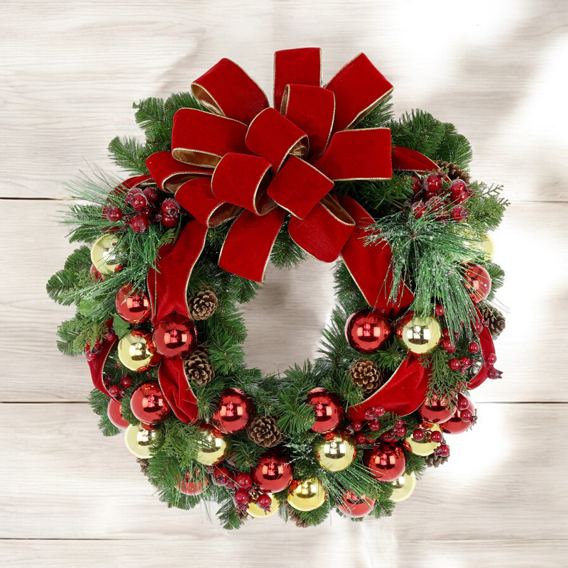 26" Holiday Wreath with Two UV Rated Boxwood Drop-Ins