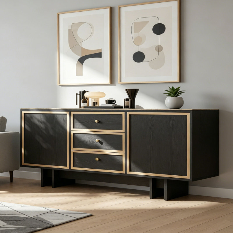 Buffet en bois massif fritté simple, H 35,43 po x l 94,48 po x P 15,74 po