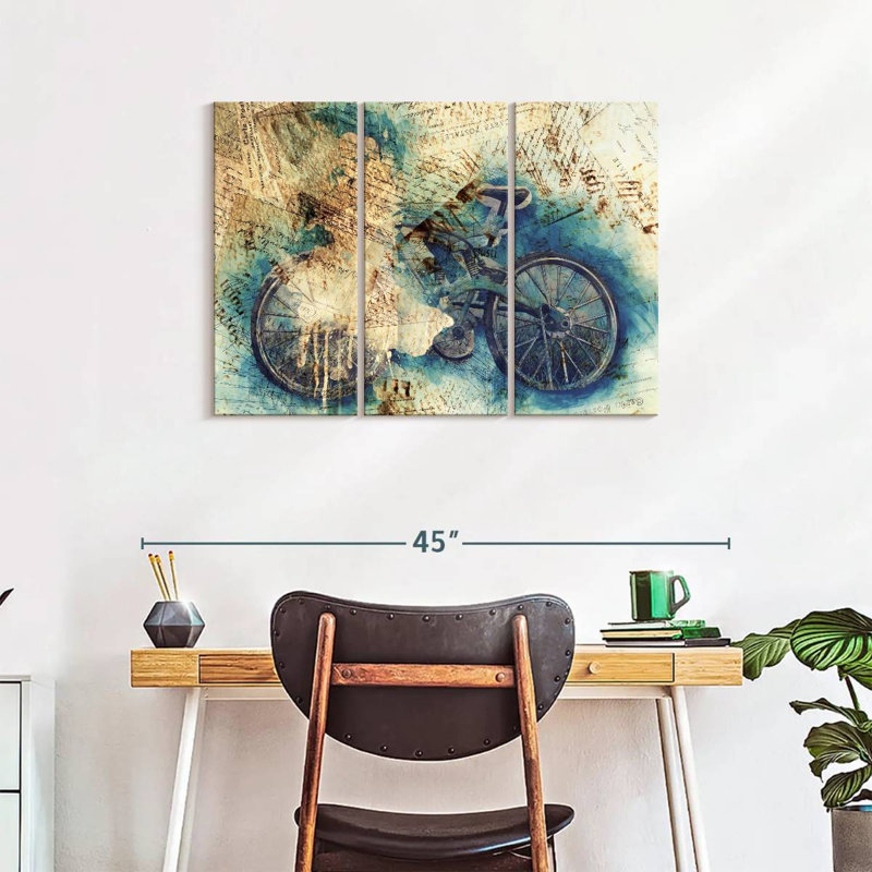 Vélo rétro sur toile abstraite, impression sur toile 3 pièces, H 38 po x l 24 po x P 1,25 po