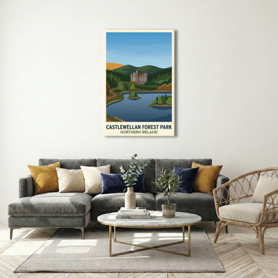 Castlewellan Forest Park, Northern Ireland - Romantic Travel Poster Of Castle, Lake And Woodland. Giclee Print On Wrapped Canvas. Wall Art, Home Decor - Parks & Gardens, Northern Ireland - Wrapped Canvas Print