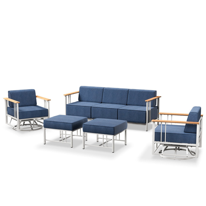 Timberloft 5-Person Outdoor Patio Conversation Set With Sofa Ottoman Swivel Glider Chairs And 10" Thick Cushions, Blue, White