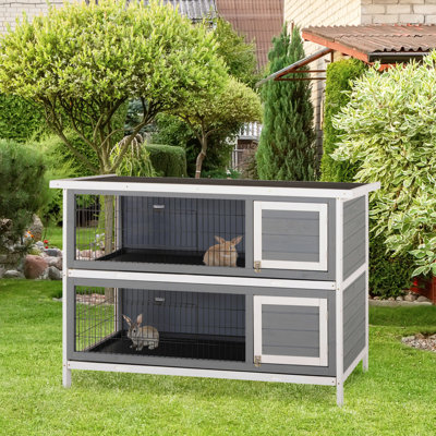 Maison 54 étages à 2 étages, en bois avec portes verrouillables, toit imperméable et plateau anti-fuites pour l'extérieur / intérieur, cage à lapins gris foncé à deux niveaux - Ouvertures robustes pour animaux de compagnie