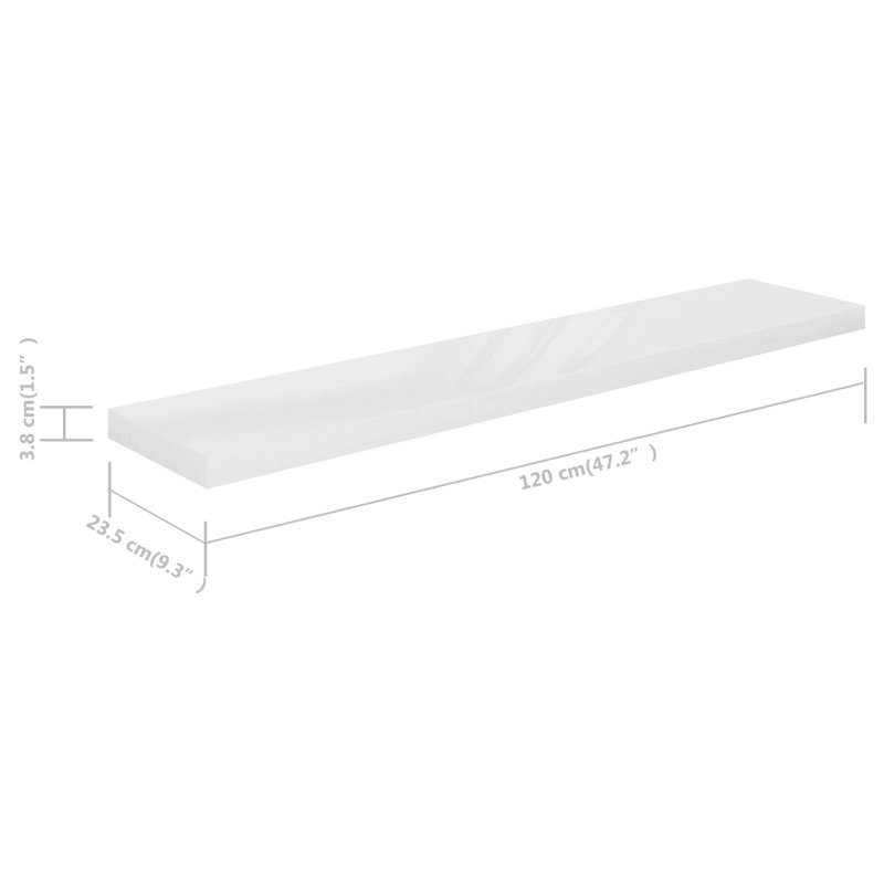 Artamas Floating Shelf, 3.8cm H x 23.5cm W x 120cm D, High Gloss White