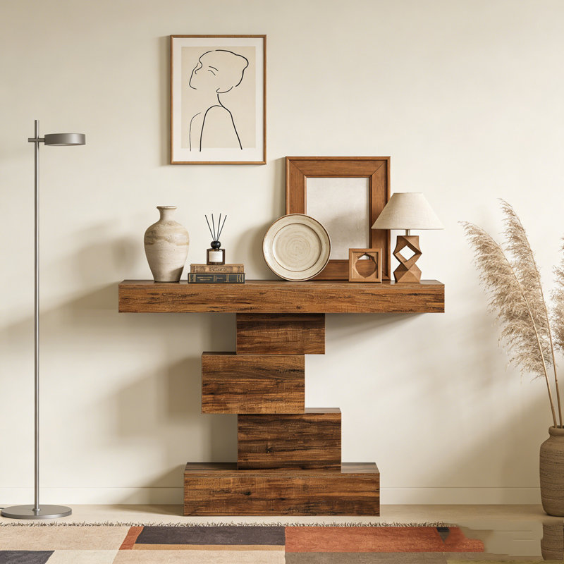 Wood Sofa Table Accent Table with Geometric Base, Rustic Brown