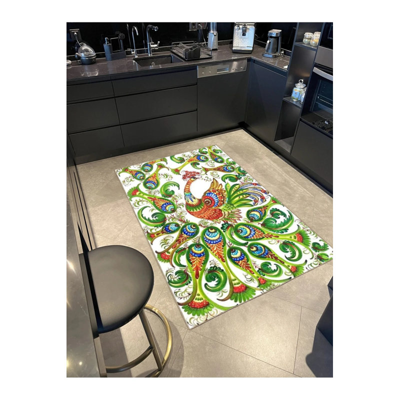 Tapis décoratif coq et vert à motif géométrique moderne, Rectangle 2'4" x 4'