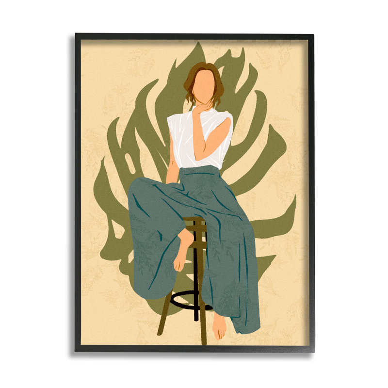 Boho, femme assise sur une feuille, art de la giclée encadrée par Ziwei Li, Giclée encadrée noir minuit