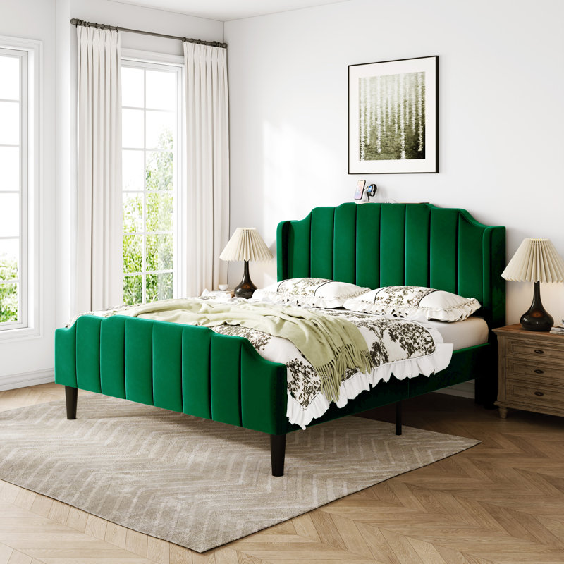 Lit plateforme tapissier moderne en velours avec tête de lit courbée, station de charge, Complète, Vert foncé