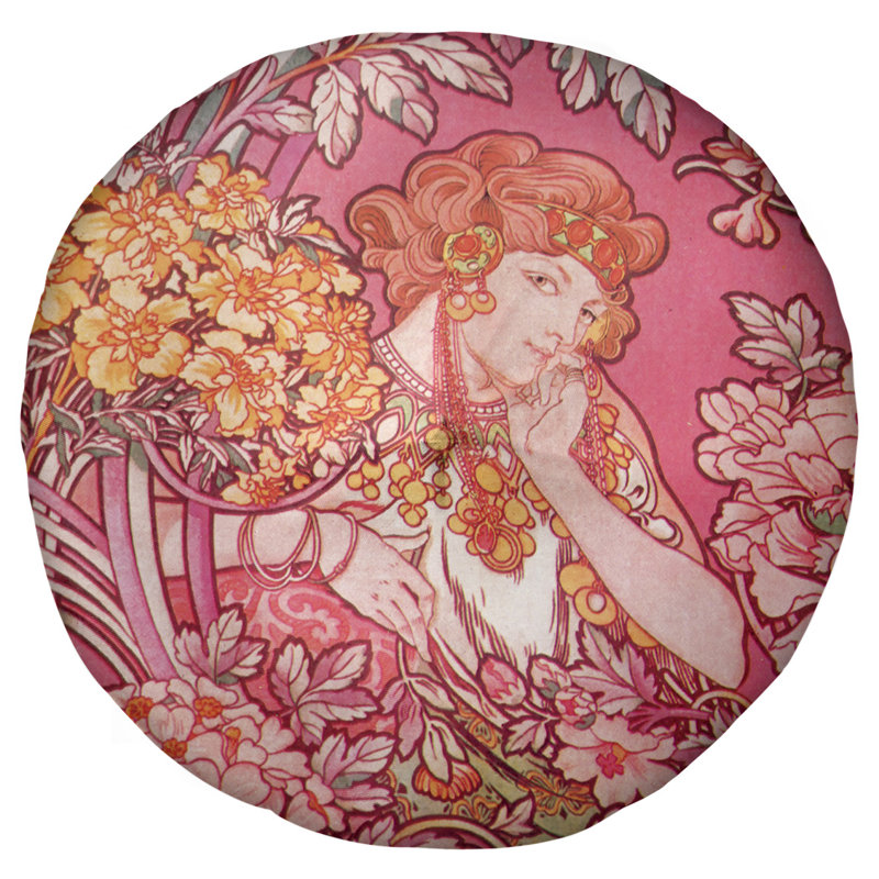 Coussin de plancher alphonse mucha femme entre les fleurs, 27,5 po x 55,5 po, Rose