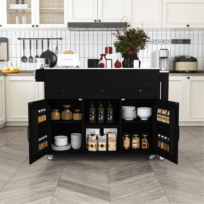 Îlot de cuisine de 74,8 po avec table extensible, plateau en placage de marbre, 3 tiroirs, armoire et caractéristiques de mobilité pour prise de courant intégrée, armoire à tiroirs, chariot de rangement mobile, finition noire