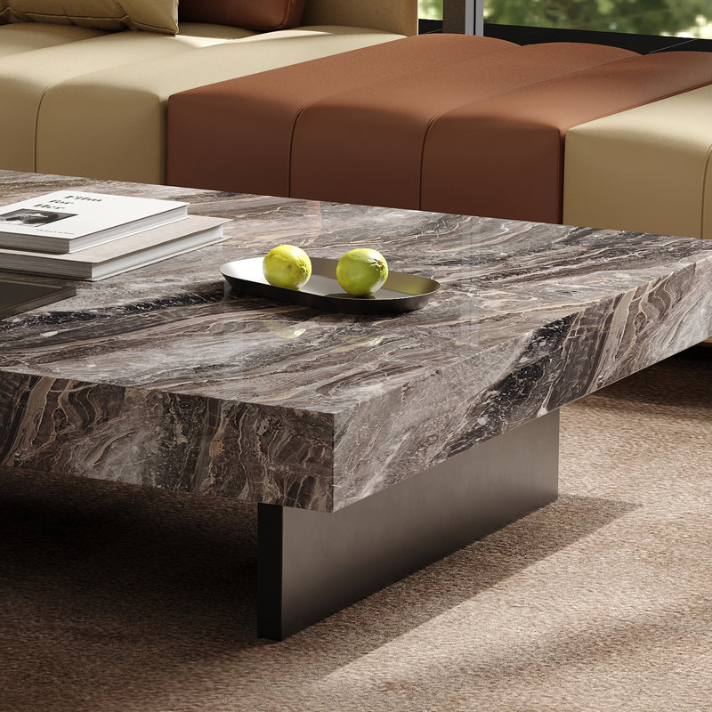 Tables basses luxueuses de style carré en faux marbre de 42 po avec 2 pieds en acier inoxydable lustré et pieds noirs avec plateau et pieds en silicone