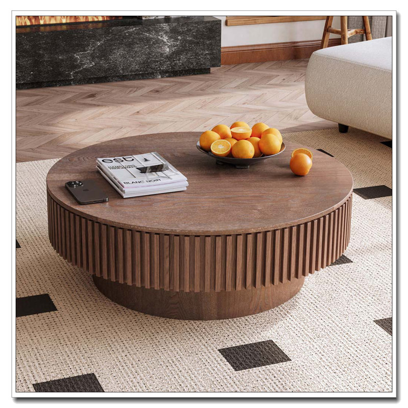 Table basse ronde en bois massif avec rangement 31,5 po, Noyer