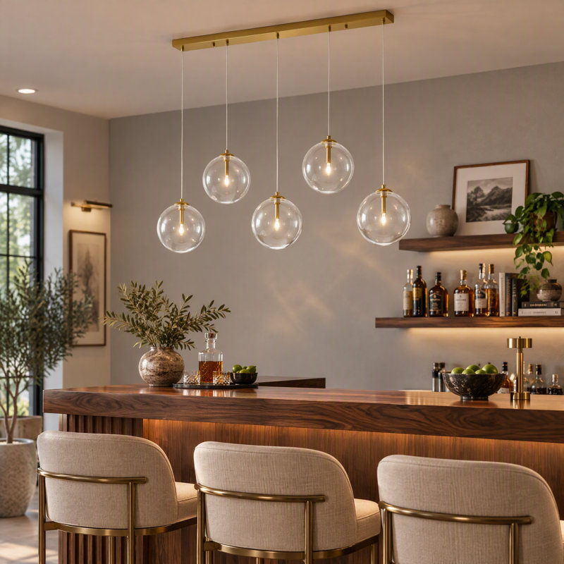 Lustre linéaire pour îlot de cuisine 5 lumières, Laiton brossé